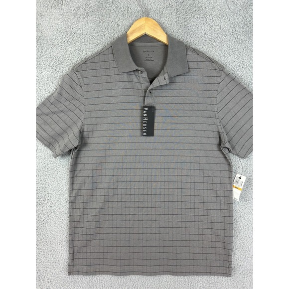 Van Heusen Polo Shirt Mens Small Gray Windowpane Cotton Rayon Short Sleeve Knit